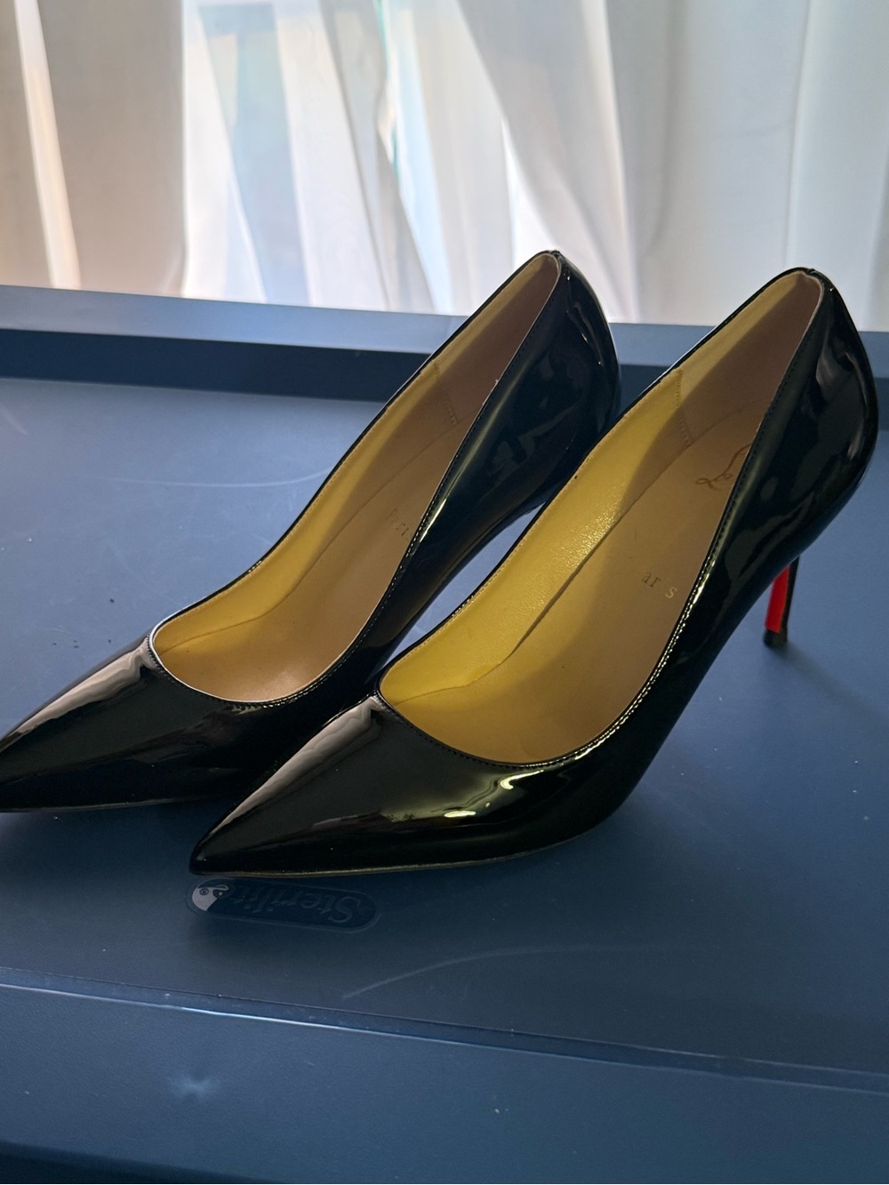 Christian Louboutin Black Patent Pointed-Toe Pumps with Red Stiletto Heel